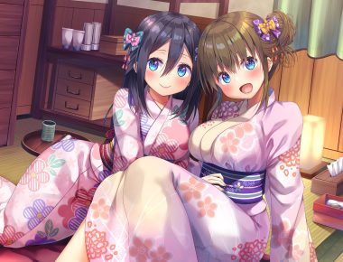 2girls aqua eyes asa no ha black hair blush bow brown hair japanese clothes kimono original