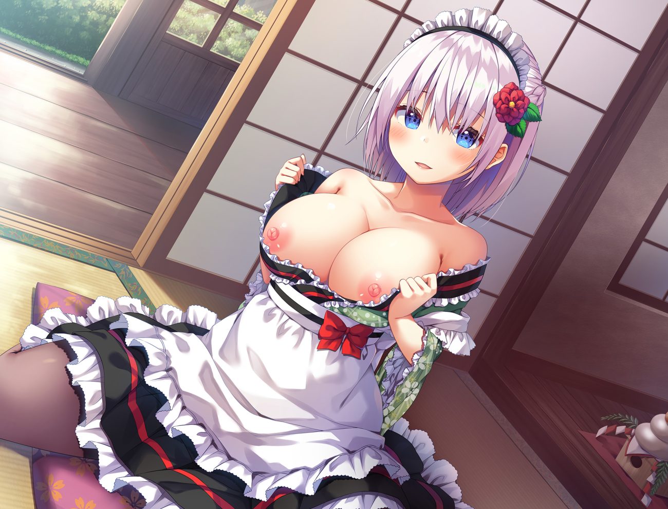 apron aqua eyes asa no ha blush breasts gray hair headdress japanese clothes kimono lolita fashion maid nipples no bra original short hair undressing