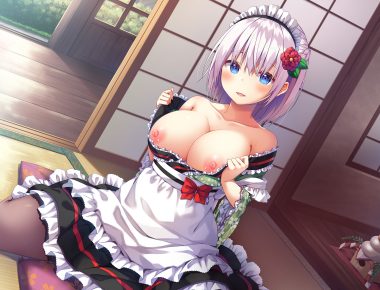 apron aqua eyes asa no ha blush breasts gray hair headdress japanese clothes kimono lolita fashion maid nipples no bra original short hair undressing