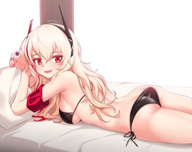 anthropomorphism ass bed bikini blonde hair blush breasts fang girls frontline headband long hair m4 sopmod ii (girls frontline) narynn red eyes signed swimsuit