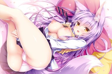 animal ears ass bed blush breasts cameltoe foxgirl long hair nipples open shirt original panties purple hair school uniform shirt shirt lift skirt tail tateha underwear yellow eyes