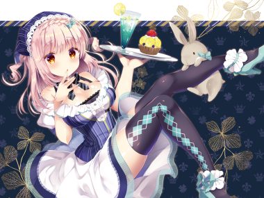 animal blush bow breasts cake cleavage dress drink food long hair orange eyes original pink hair rabbit takashina asahi thighhighs