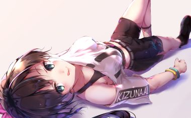 a.i. channel aotsuki kaoru blush brown hair green eyes kizuna ai long hair ponytail shorts