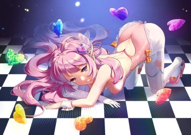 breasts elbow gloves gloves long hair nova (novareeee) original pantyhose pink eyes pink hair pointed ears watermark wristwear