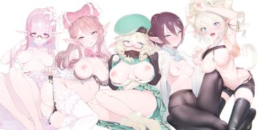 ass blonde hair blush bra braids breasts brown eyes brown hair dragon quest dragon quest x elf (dq10) fang flowers garter belt glasses green eyes group hat headband jpeg artifacts kaede (sayappa) long hair necklace nipples panties pantyhose panty pull pink eyes pink hair pointed ears pussy red eyes shirt lift short hair shorts skirt thighhighs twintails uncensored underwear