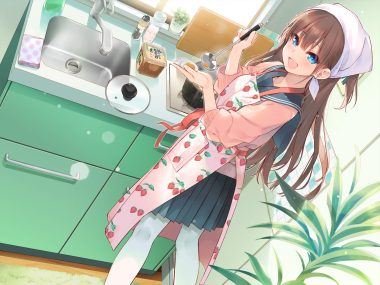 aihara shouta apron blue eyes blush brown hair food long hair original pantyhose school uniform skirt