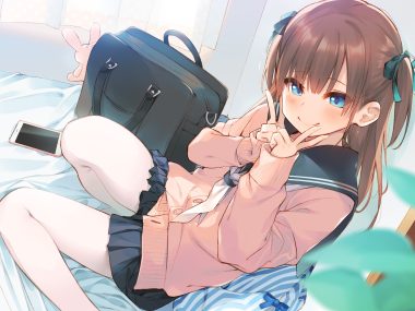 aihara shouta aqua eyes bed blush brown hair long hair original pantyhose phone school uniform twintails