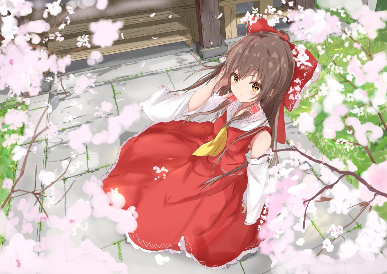 bow brown hair cherry blossoms flowers hakurei reimu japanese clothes long hair miko na kyo petals touhou yellow eyes
