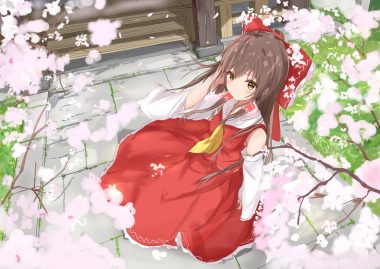 bow brown hair cherry blossoms flowers hakurei reimu japanese clothes long hair miko na kyo petals touhou yellow eyes