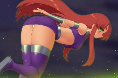 ass blush boots dc comics green eyes kuroonehalf long hair panties red hair skirt starfire teen titans thighhighs underwear watermark zettai ryouiki