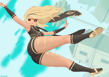 ass blonde hair building clouds dark skin gravity daze headband kat (gravity daze) kneehighs kuroonehalf long hair red eyes scarf shorts sky watermark