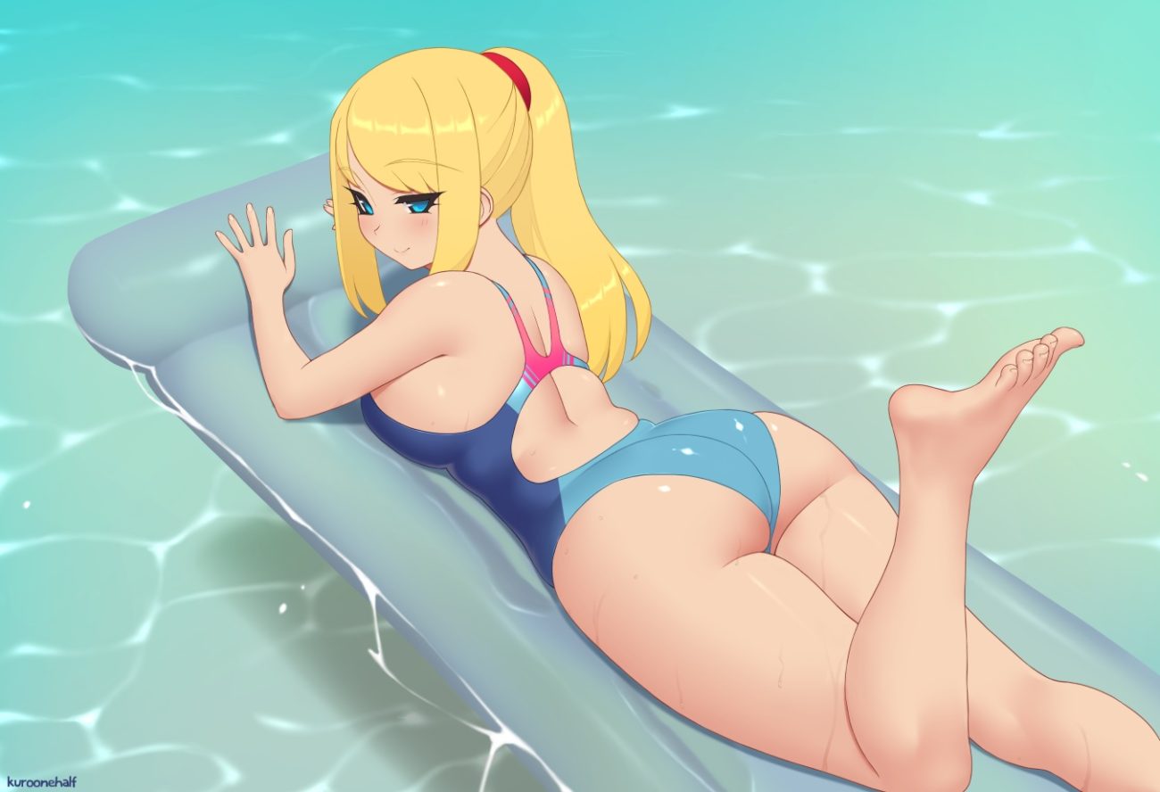 aqua eyes ass barefoot blonde hair kuroonehalf long hair metroid ponytail samus aran skintight swimsuit water watermark wet