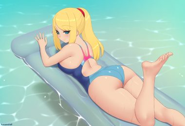 aqua eyes ass barefoot blonde hair kuroonehalf long hair metroid ponytail samus aran skintight swimsuit water watermark wet