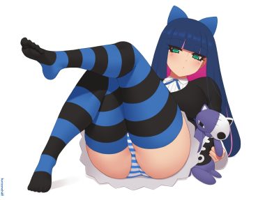 ass blue hair bow gothic green eyes kuroonehalf long hair panties panty & stocking with garterbelt stocking (character) striped panties thighhighs underwear upskirt watermark white