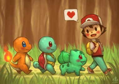 black eyes black hair bulbasaur charmander forest grass hat heart male pokemon red (pokemon) ry-spirit short hair signed squirtle tree