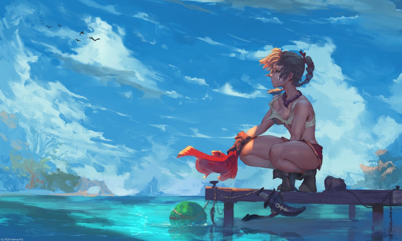 blonde hair blue eyes boots braids breasts chrono cross clouds cutesexyrobutts gloves kid (chrono cross) knife long hair necklace no bra ponytail scenic shirt lift signed skirt sky torn clothes water weapon