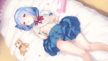 bed blue hair breasts brown eyes no bra nopan original pokachu school uniform shirt lift short hair skirt teddy bear underboob