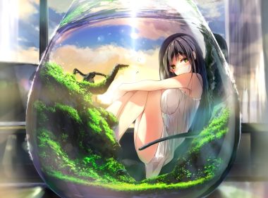 black hair breasts clouds dress long hair original sky summer dress water wingheart yellow eyes