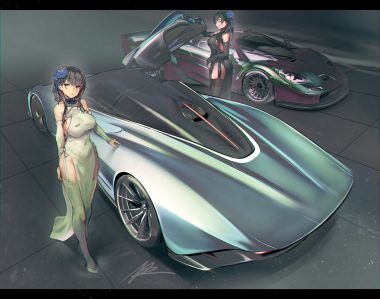 2girls afukuro black eyes black hair car chinese clothes chinese dress dress elbow gloves garter gloves original signed stockings