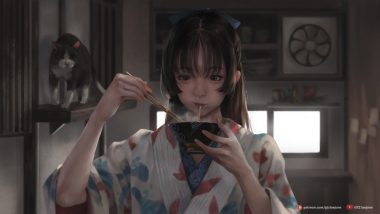 animal brown eyes brown hair cat food g-tz japanese clothes kimono logo long hair original realistic ribbons watermark
