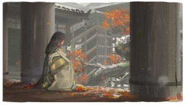 alphonse autumn black hair building divine child of rejuvenation food fruit japanese clothes kimono leaves long hair ponytail sekiro: shadows die twice signed snow stairs