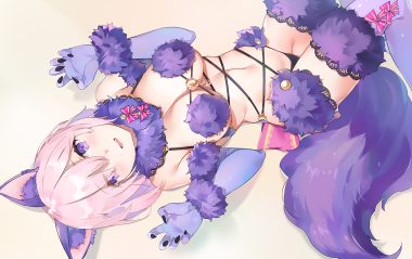animal ears bikini blush breasts cosplay emyo fang fate/grand order fate (series) mash kyrielight navel pink hair purple eyes short hair swimsuit tail thighhighs wolfgirl