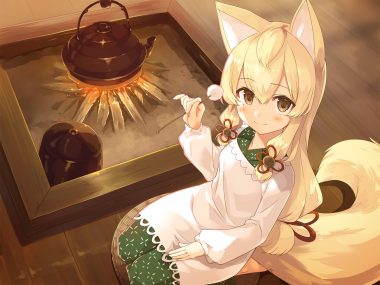 animal ears apron ayakashi kyoushuutan bell blonde hair blush brown eyes cura fire foxgirl japanese clothes long hair lose okon tail