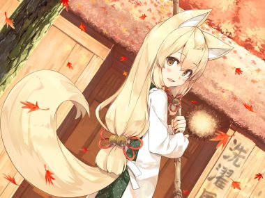 animal ears apron autumn ayakashi kyoushuutan bell blonde hair blush brown eyes building cura foxgirl japanese clothes leaves long hair lose okon tail tree