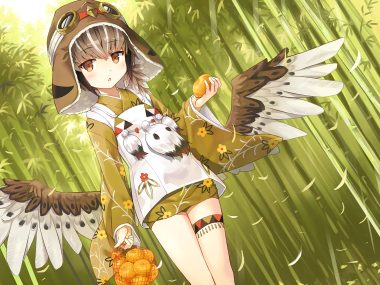 ayakashi kyoushuutan brown eyes brown hair cura feathers food forest fruit garter goggles green hat hiyo (ayakashi kyoushuutan) japanese clothes kimono loli lose orange (fruit) short hair tree wings