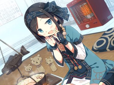ayakashi kyoushuutan black hair blue eyes blush cura food gloves headband lose necklace palopolo short hair