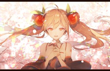 cherry cherry blossoms close flowers food fruit hatsune miku headphones krok 275 long hair sakura miku tie twintails vocaloid