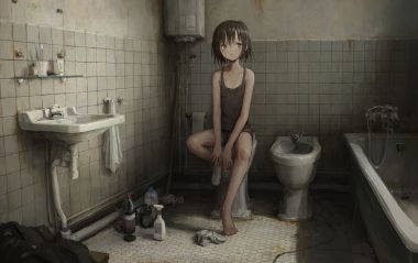 barefoot brown eyes brown hair flat chest loli original scenic shion (mirudakemann) short hair shorts socks