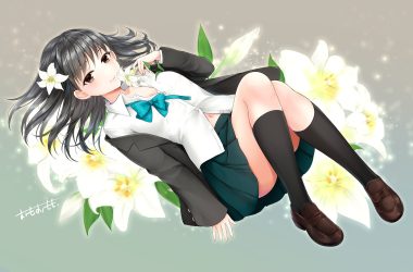black hair bow brown eyes flowers gray kneehighs navel omoomomo original school uniform short hair signed skirt