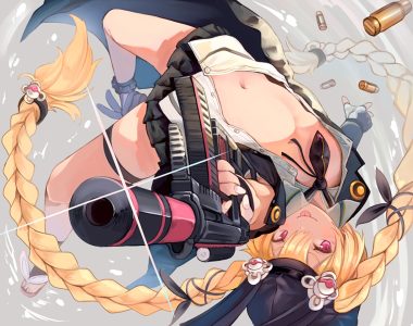 animal ears anthropomorphism aonaga heri blonde hair braids bunny ears bunnygirl girls frontline gloves gun hat long hair navel no bra open shirt pink eyes school uniform skirt sr-3mp (girls frontline) tie twintails waifu2x weapon