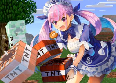 bow braids creeper crossover dress food headdress hololive konkito long hair maid minato aqua minecraft pink eyes pink hair twintails wristwear