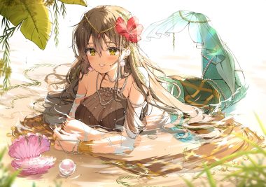 blush breasts brown hair cleavage headdress h shai leaves long hair mermaid necklace original see through torn clothes water wristwear yellow eyes