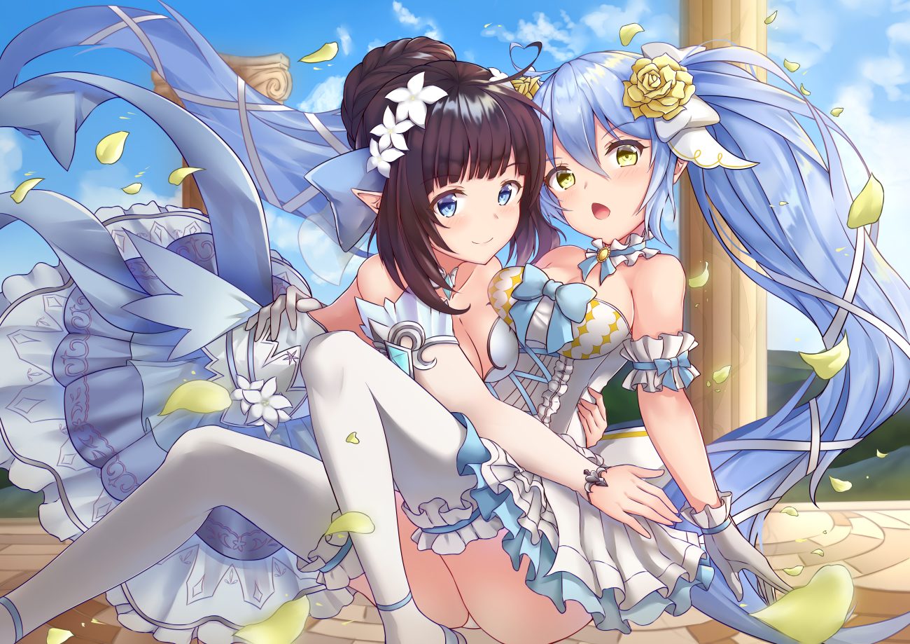 2girls blush bow brown hair clouds dress elbow gloves gloves king's raid long hair mirianne (king's raid) pnt (ddnu4555) pointed ears short hair sky sonia (king's raid) thighhighs