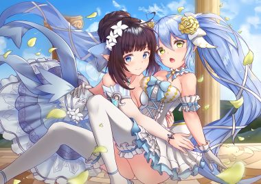 2girls blush bow brown hair clouds dress elbow gloves gloves king's raid long hair mirianne (king's raid) pnt (ddnu4555) pointed ears short hair sky sonia (king's raid) thighhighs