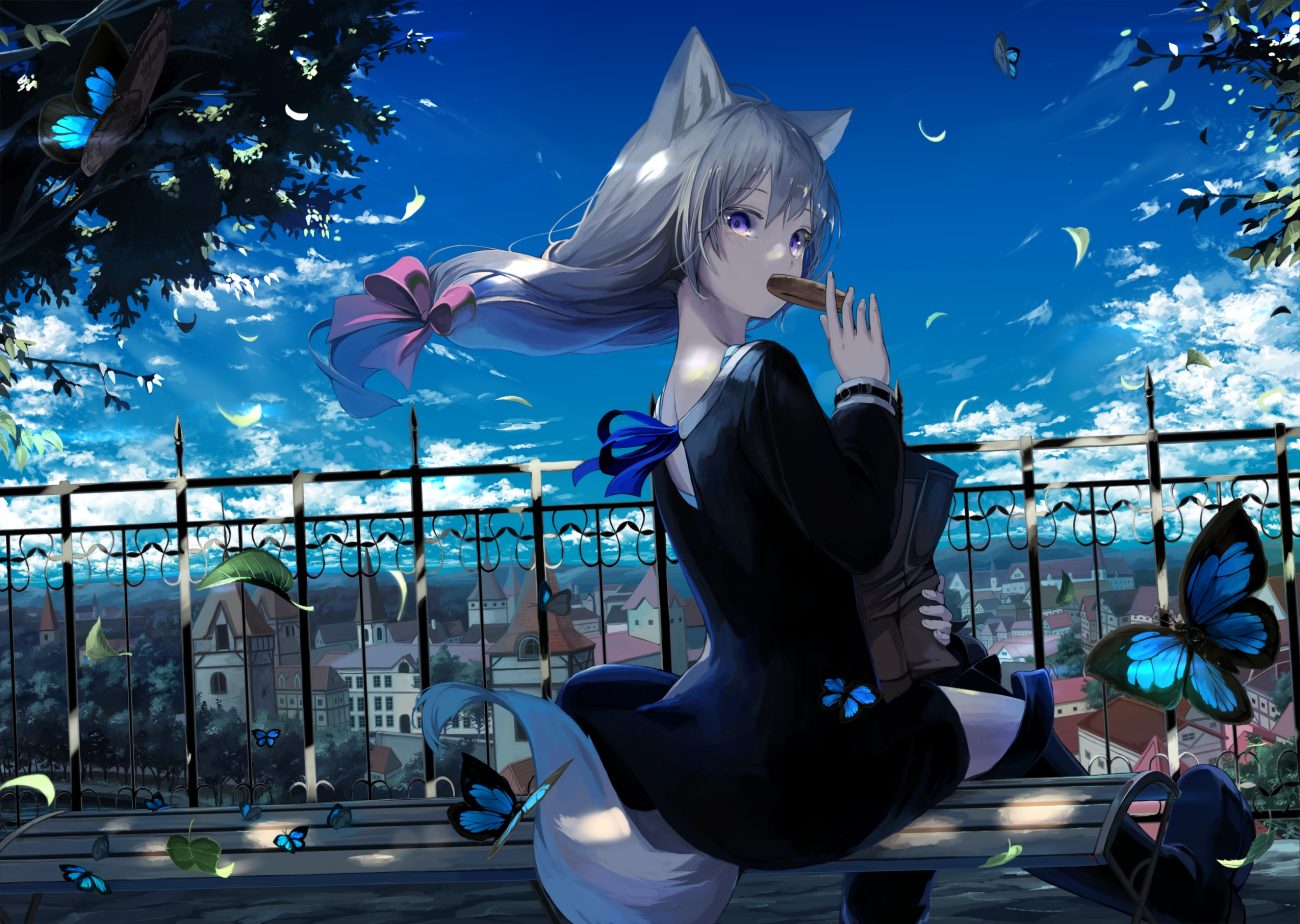 animal ears boots building butterfly city clouds dress food gray hair long hair mikisai original ponytail purple eyes shade sky tail tree