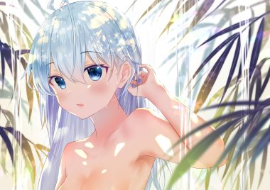 blue eyes blue hair breasts close gyozanuko long hair nude original water