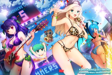 ass bikini blonde hair blush clouds drums green eyes green hair group guitar hat instrument kaho okashii long hair microphone navel pointed ears purple hair sky summoners war swimsuit tagme (character) teddy bear twintails watermark wings