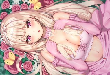 blonde hair blush breast hold breasts butterfly cleavage dress elbow gloves flowers gloves long hair navel original purple eyes reinama rose tiara