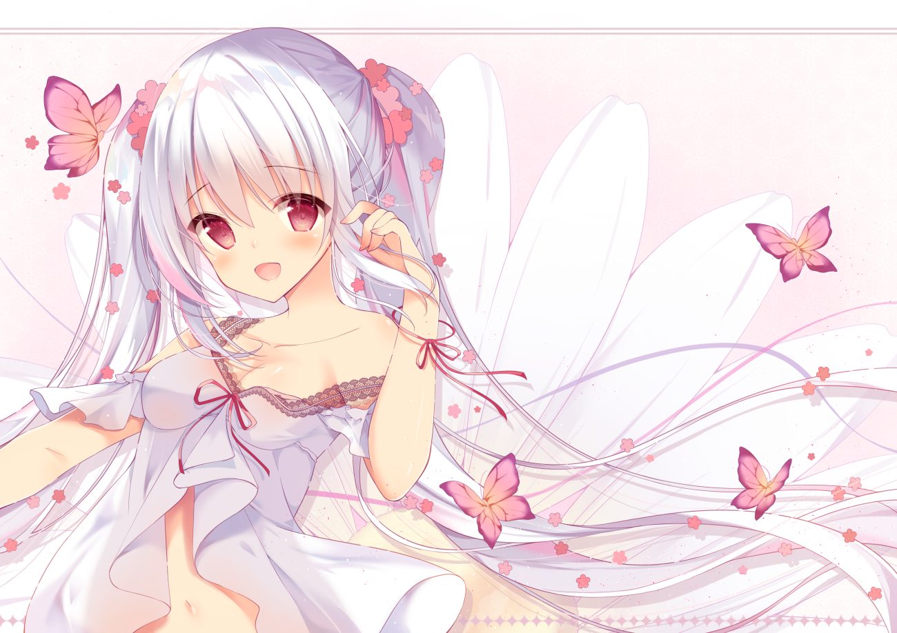blush breasts butterfly cleavage dress long hair navel original red eyes shirosei mochi twintails white hair