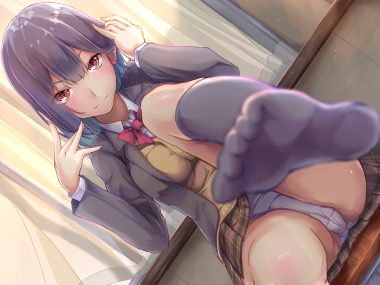 black hair blush bow cameltoe kneehighs kudou maimu long hair original panties red eyes school uniform skirt underwear upskirt