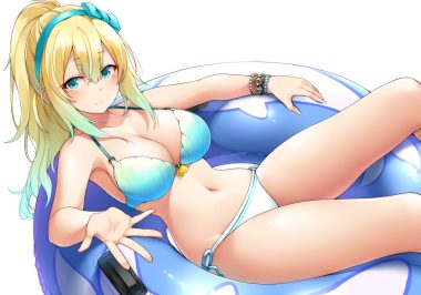bikini blonde hair breasts cleavage green eyes headband long hair navel original ponytail suruga (xsurugax) swim ring swimsuit wristwear