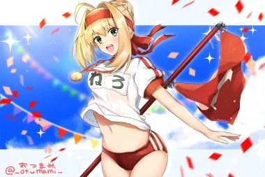 blonde hair bloomers fate/grand order fate (series) green eyes gym uniform headband navel necklace nero claudius (fate) otsumami (bu-bu-heaven) short hair signed