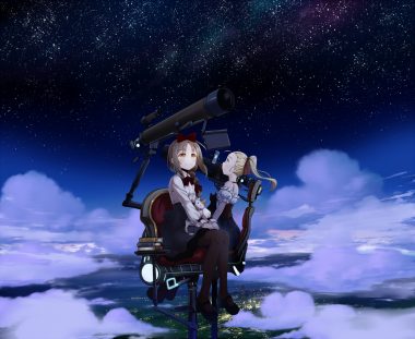2girls animal blonde hair book bow braids cat clouds corset dress long hair mochizuki saku night orange eyes original pantyhose ponytail skirt sky stars