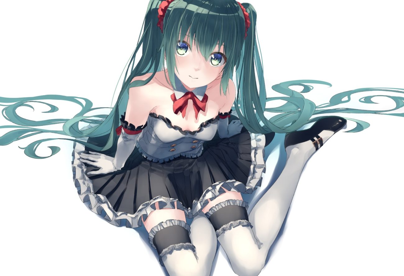bow dress elbow gloves gloves green eyes green hair hatsune miku long hair thighhighs touboku twintails vocaloid white