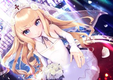 5saiji anthropomorphism azur lane blonde hair blue eyes cross dress flat chest flowers headdress long hair petals queen elizabeth (azur lane) tears tiara wedding attire