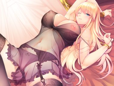 amasa-hikae aqua eyes bed blonde hair bra breasts cameltoe cleavage garter garter belt long hair navel nipples original panties see through stockings underwear wink wristwear